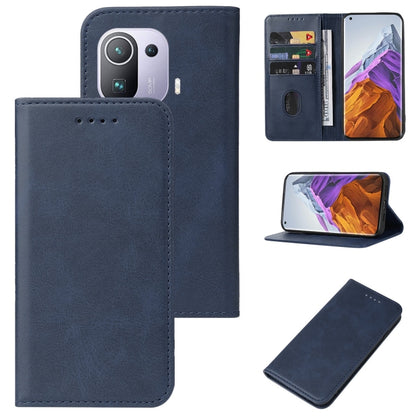Blue leather phone case with magnetic closure and card slot; slim stand view included