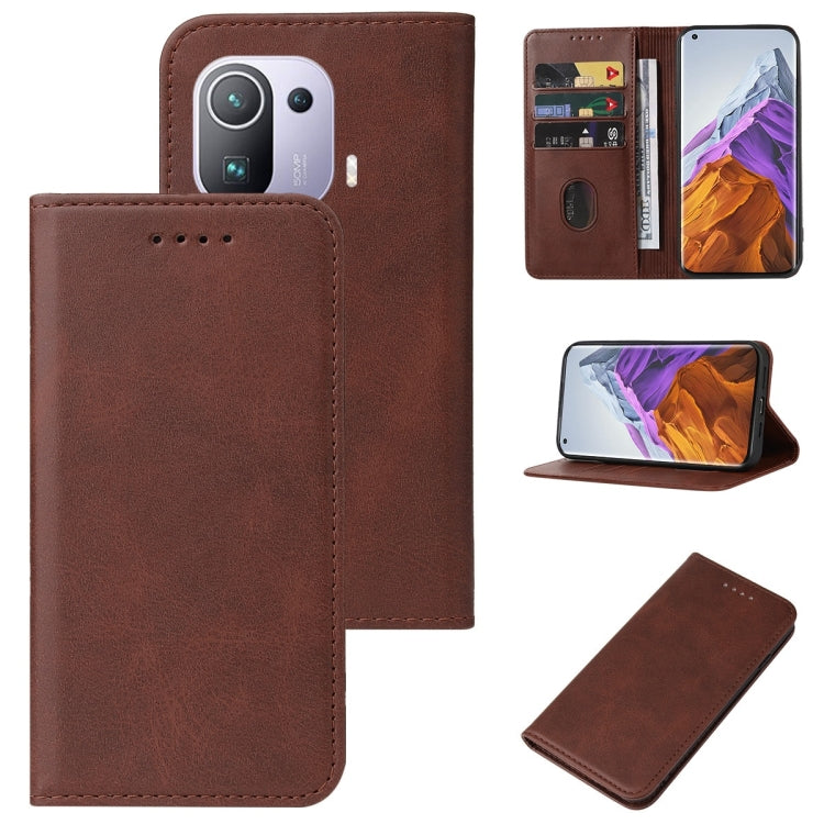 Brown leather magnetic closure wallet phone case with card slots and viewing cover