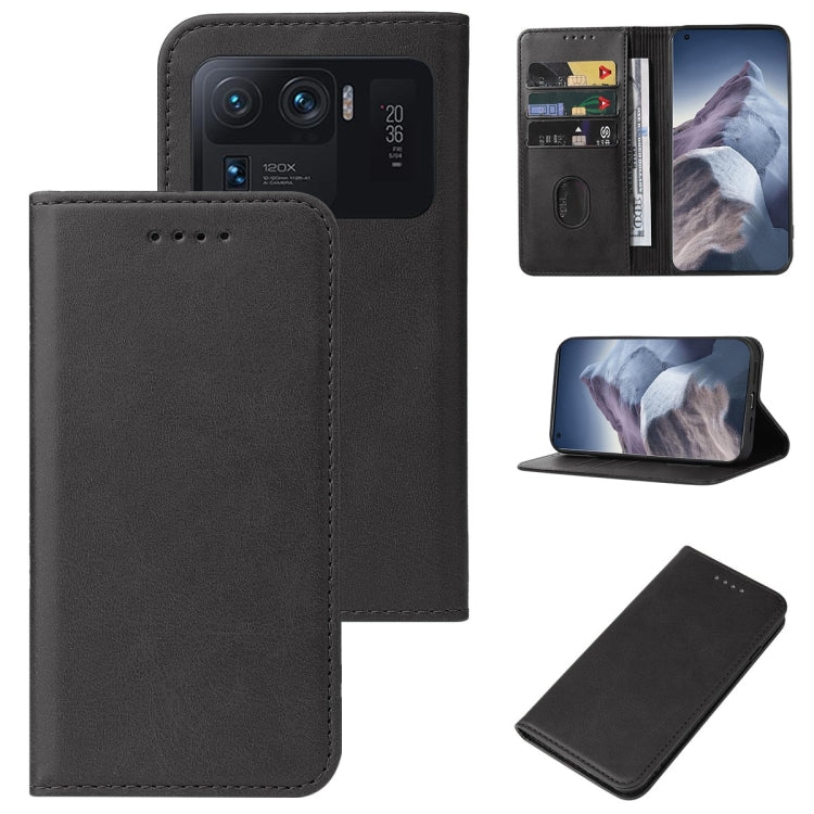 Black leather magnetic flip phone case with camera cutout and slim card pocket.