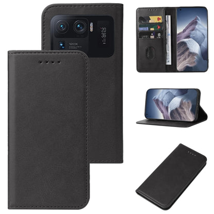 Black leather magnetic flip phone case with camera cutout and slim card pocket.