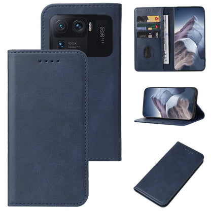 Blue leather magnetic phone case with card slot and front cover; kickstand folded out