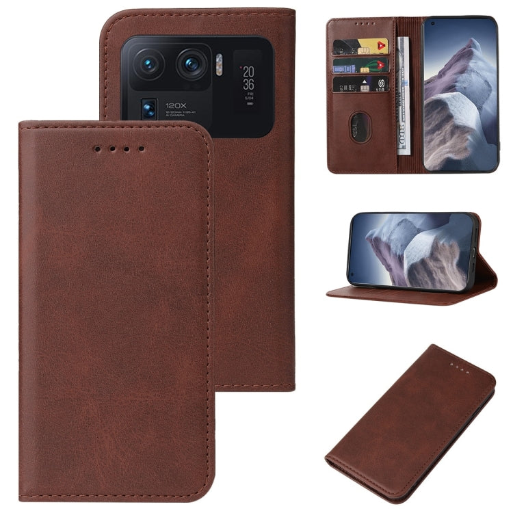 Brown leather wallet phone case with magnetic closure, card pockets, and stand view