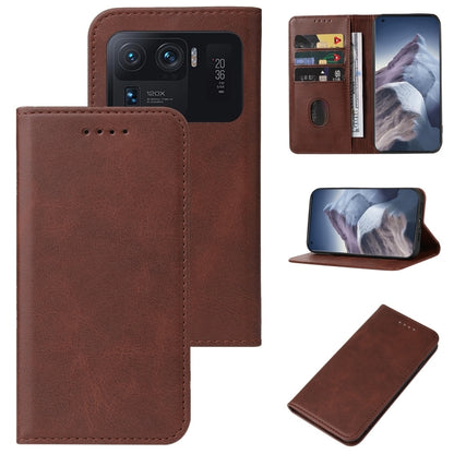 Brown leather wallet phone case with magnetic closure, card pockets, and stand view