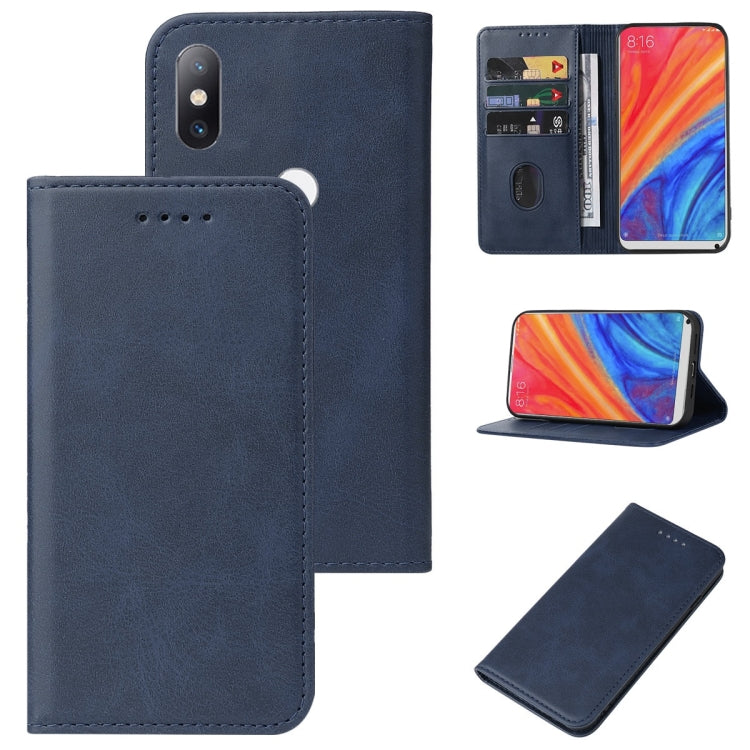 Blue leather folio phone case with magnetic closure, front cutout, and card slot; phone shown
