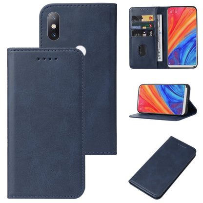 Blue leather folio phone case with magnetic closure, front cutout, and card slot; phone shown