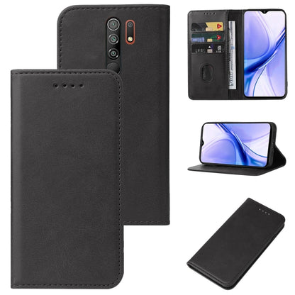 Black leather magnetic flip phone case with camera cutout and kickstand mode.