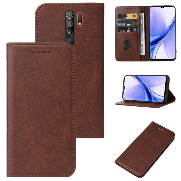 Brown leather wallet phone case with magnetic closure, card slots, and camera openings