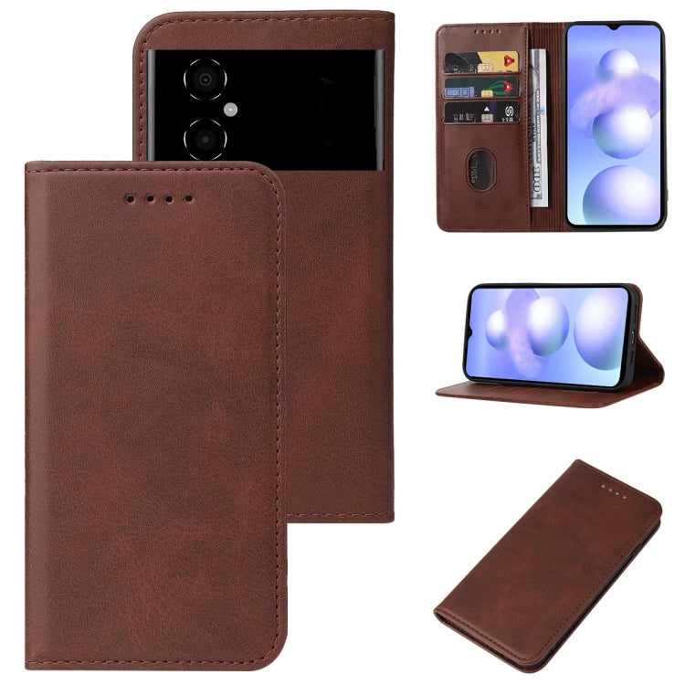 Brown leather wallet phone case with magnetic closure, card slots, and kickstand setup