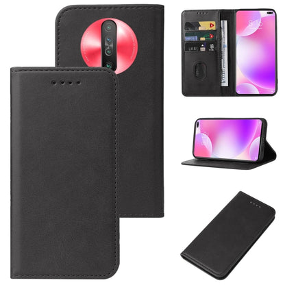 Black leather magnetic flip phone case with camera cutout and stitched leather edges.