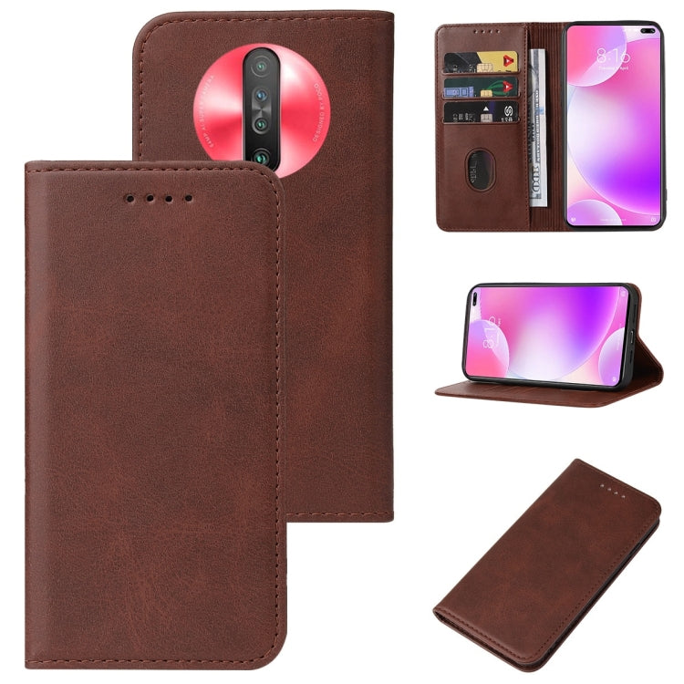 Brown leather magnetic wallet phone case with card slots, camera cutout, and stand