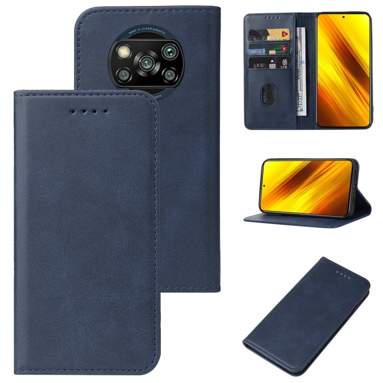 Blue leather wallet phone case with magnetic closure, camera cutout, and card slot