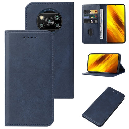 Blue leather wallet phone case with magnetic closure, camera cutout, and card slot