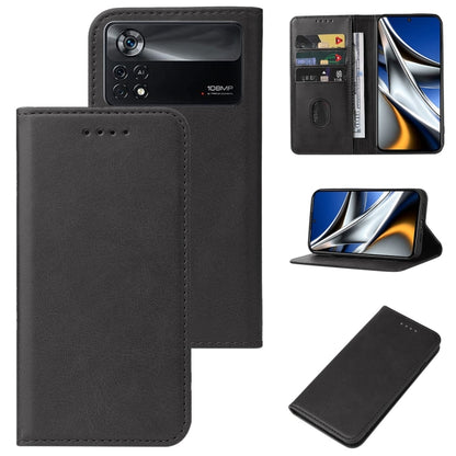 Black leather phone case with magnetic closure, front cover, and card slot, full body fit