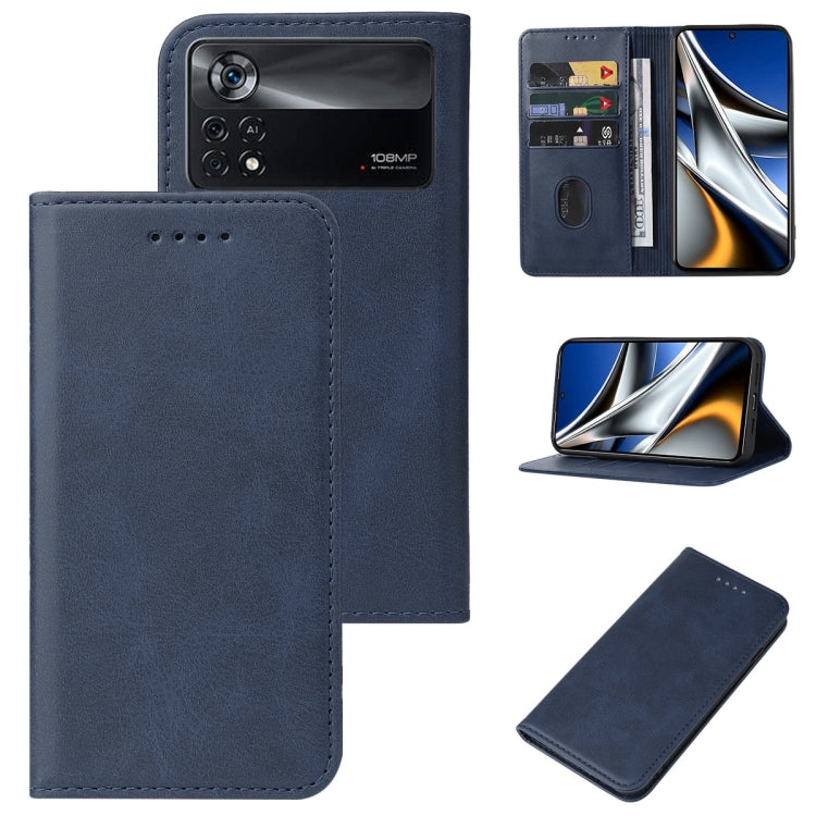 Blue magnetic closure leather phone case with flip cover and card holder window