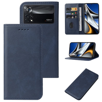 Blue magnetic closure leather phone case with flip cover and card holder window