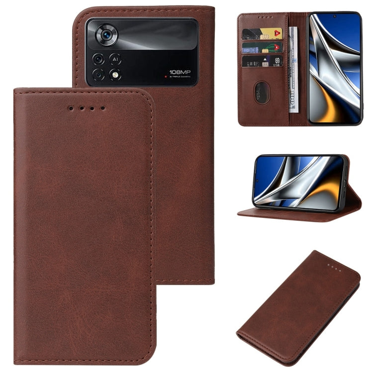 Brown leather phone case with magnetic closure, camera cutout, card slot, stand