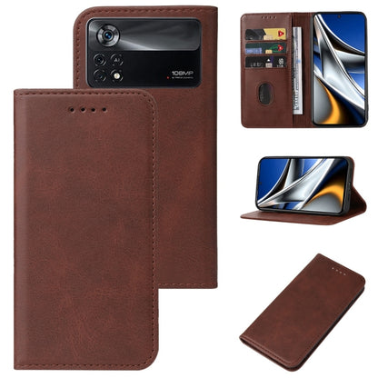Brown leather phone case with magnetic closure, camera cutout, card slot, stand