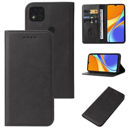 Black leather folio phone case with magnetic closure; front cutout and inner card slot