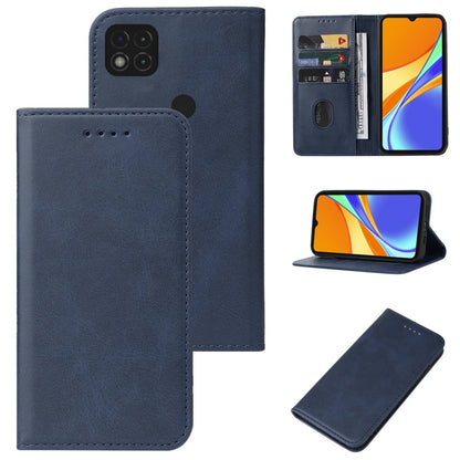 Blue leather folio phone case with magnetic closure and stand-ready viewing angle