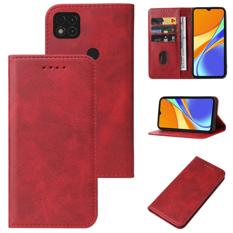 Red leather phone case with magnetic closure, camera cutout, card slot, stand