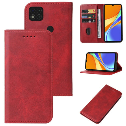 Red leather phone case with magnetic closure, camera cutout, card slot, stand