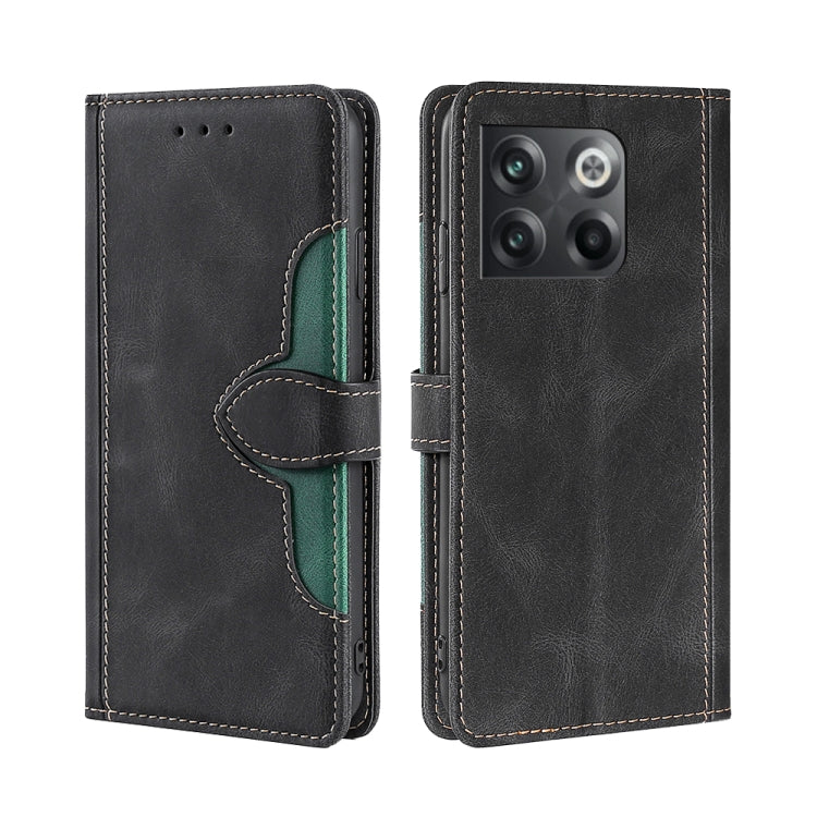 Black leather phone case with magnetic buckle, green inner accent, stitched edges