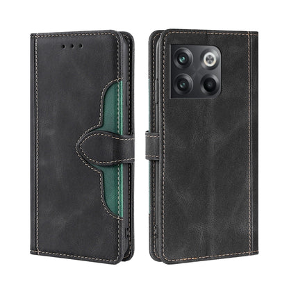 Black leather phone case with magnetic buckle, green inner accent, stitched edges