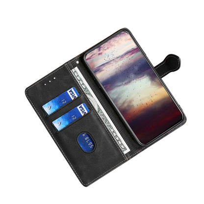 Black leather phone case with magnetic buckle, card slots and front pocket