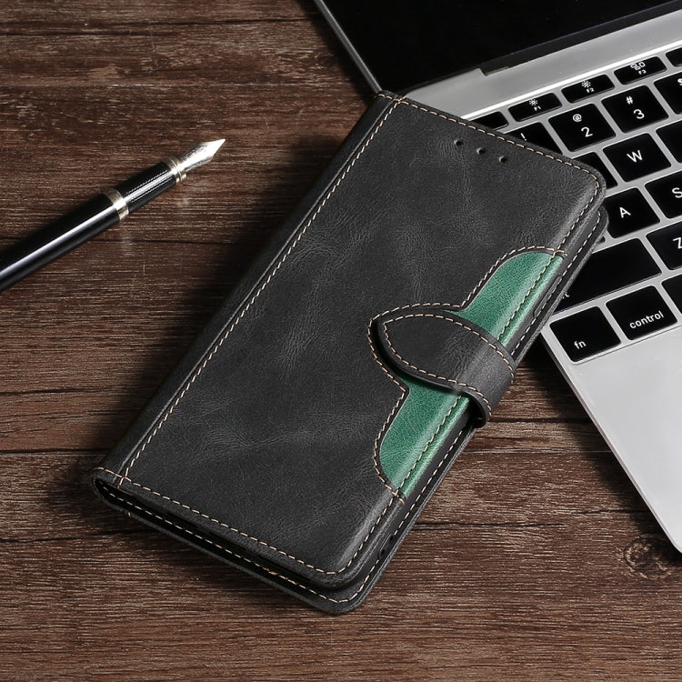 Black leather phone case with magnetic buckle, green stitched strap detail