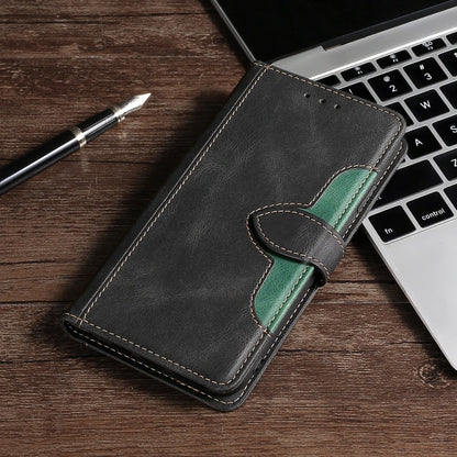 Black leather phone case with magnetic buckle, green stitched strap detail
