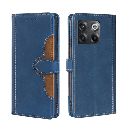Blue leather phone case with magnetic buckle, tan inner flap and stitched border