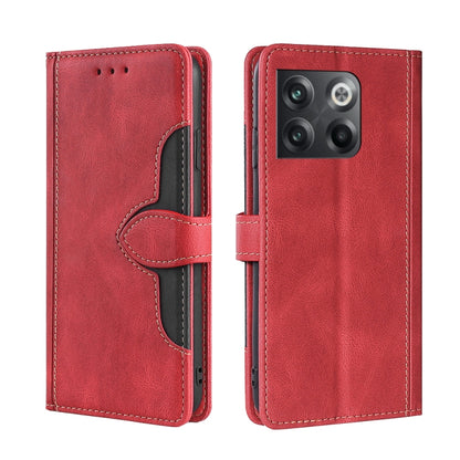 Red leather phone case with magnetic buckle, black insert and stitched edges