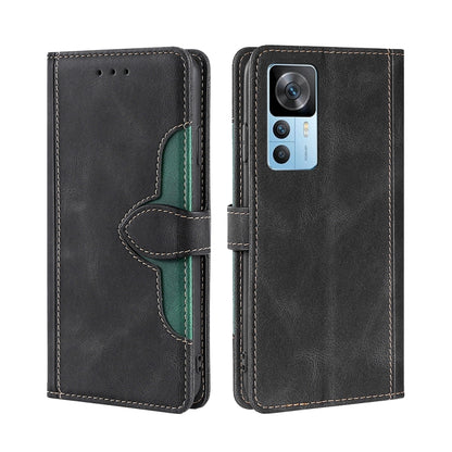 Black leather phone case with magnetic buckle, green accent strap and camera cutout