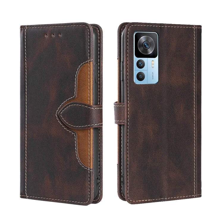 Magnetic buckle leather phone case, brown with dark trim and stitched wallet pocket