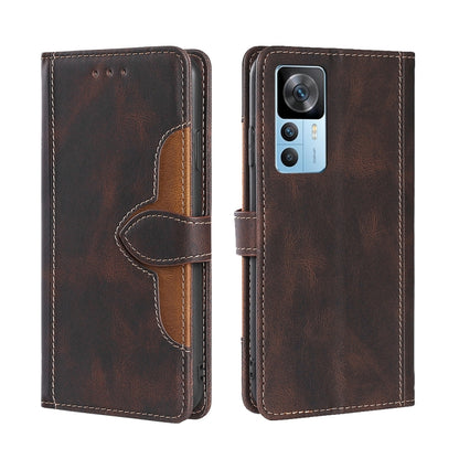 Magnetic buckle leather phone case, brown with dark trim and stitched wallet pocket