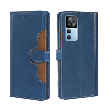 Magnetic buckle leather phone case, blue with dark strap and stitched side pocket