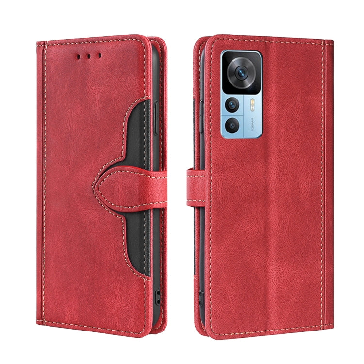 Magnetic buckle leather phone case, red with magnetic strap and stitched wallet pocket