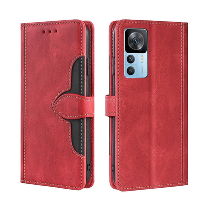 Magnetic buckle leather phone case, red with magnetic strap and stitched wallet pocket