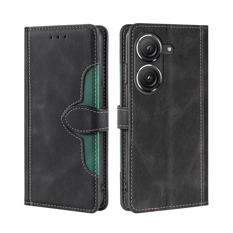 Magnetic buckle leather phone case, black with green accent and magnetic strap