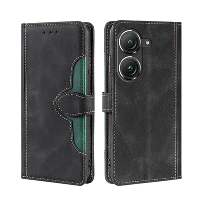 Magnetic buckle leather phone case, black with green accent and magnetic strap