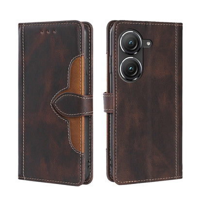 Magnetic buckle leather phone case, dark brown with magnetic strap and stitched wallet pocket