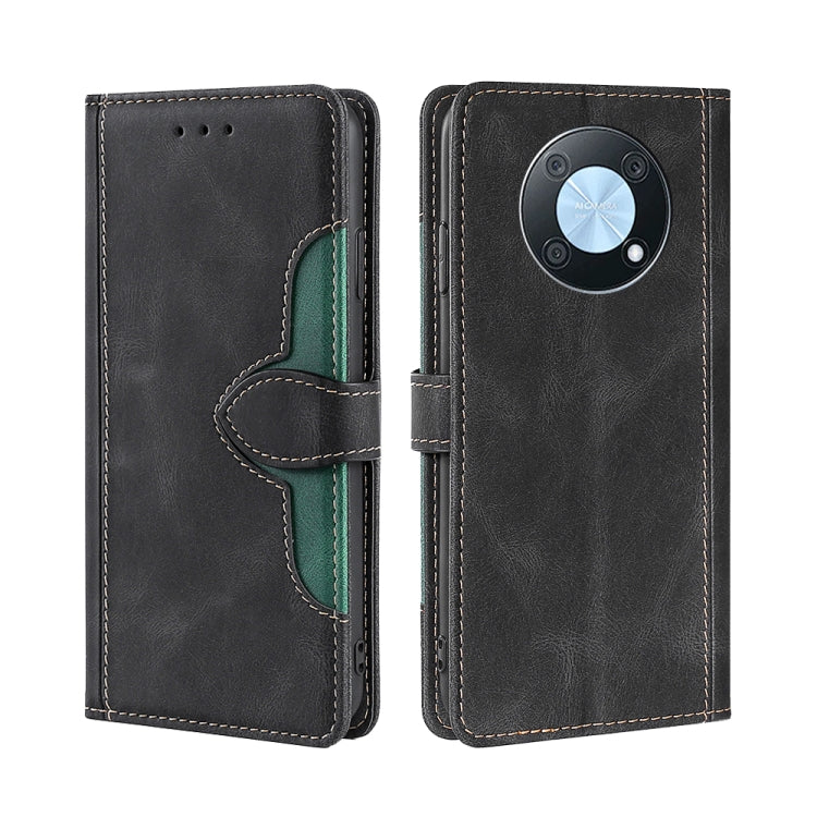 Magnetic buckle leather phone case, black with green accent and magnetic closure
