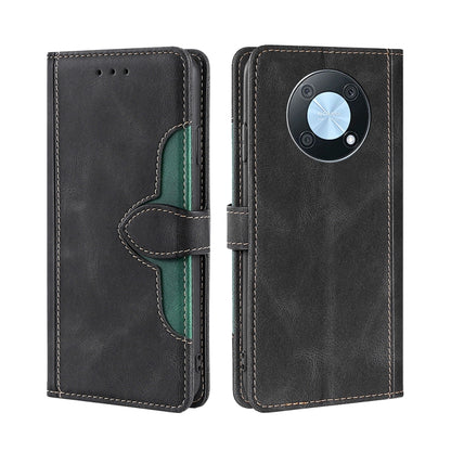 Magnetic buckle leather phone case, black with green accent and magnetic closure