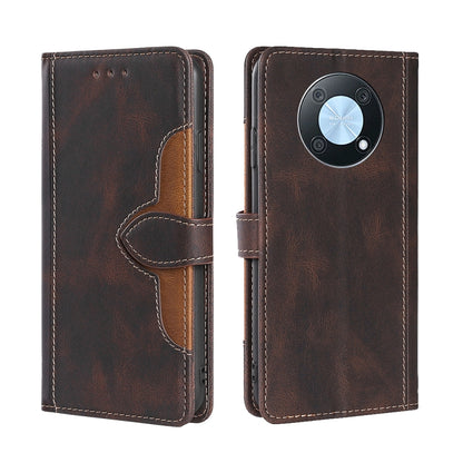 Magnetic buckle leather phone case, brown with dark magnetic strap and stitched seams