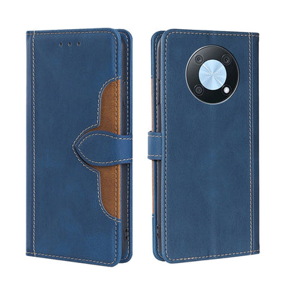 Magnetic buckle leather phone case, blue with dark magnetic strap and camera cutout