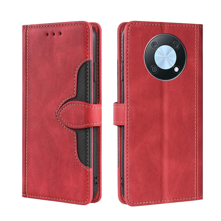 Red leather magnetic buckle wallet phone case with camera cutout