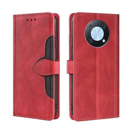 Red leather magnetic buckle wallet phone case with camera cutout