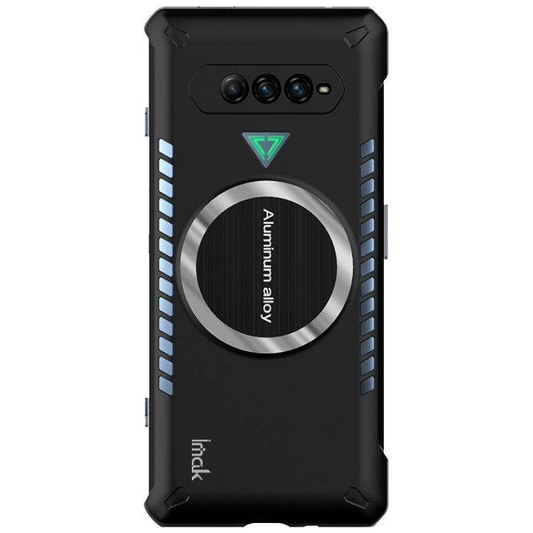 Black gaming cooling phone case with circular aluminum ring, camera cutouts, and ribbed sides