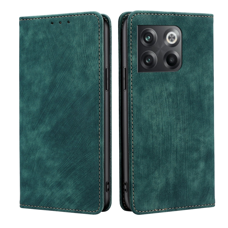 Green magnetic leather phone case, flip cover with stitched edges, camera cutout