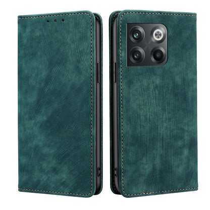 Green magnetic leather phone case, flip cover with stitched edges, camera cutout